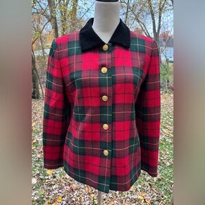 Talbots Petites Sz 8 Tartan Red & Green Plaid Holiday Blazer Velvet Collar